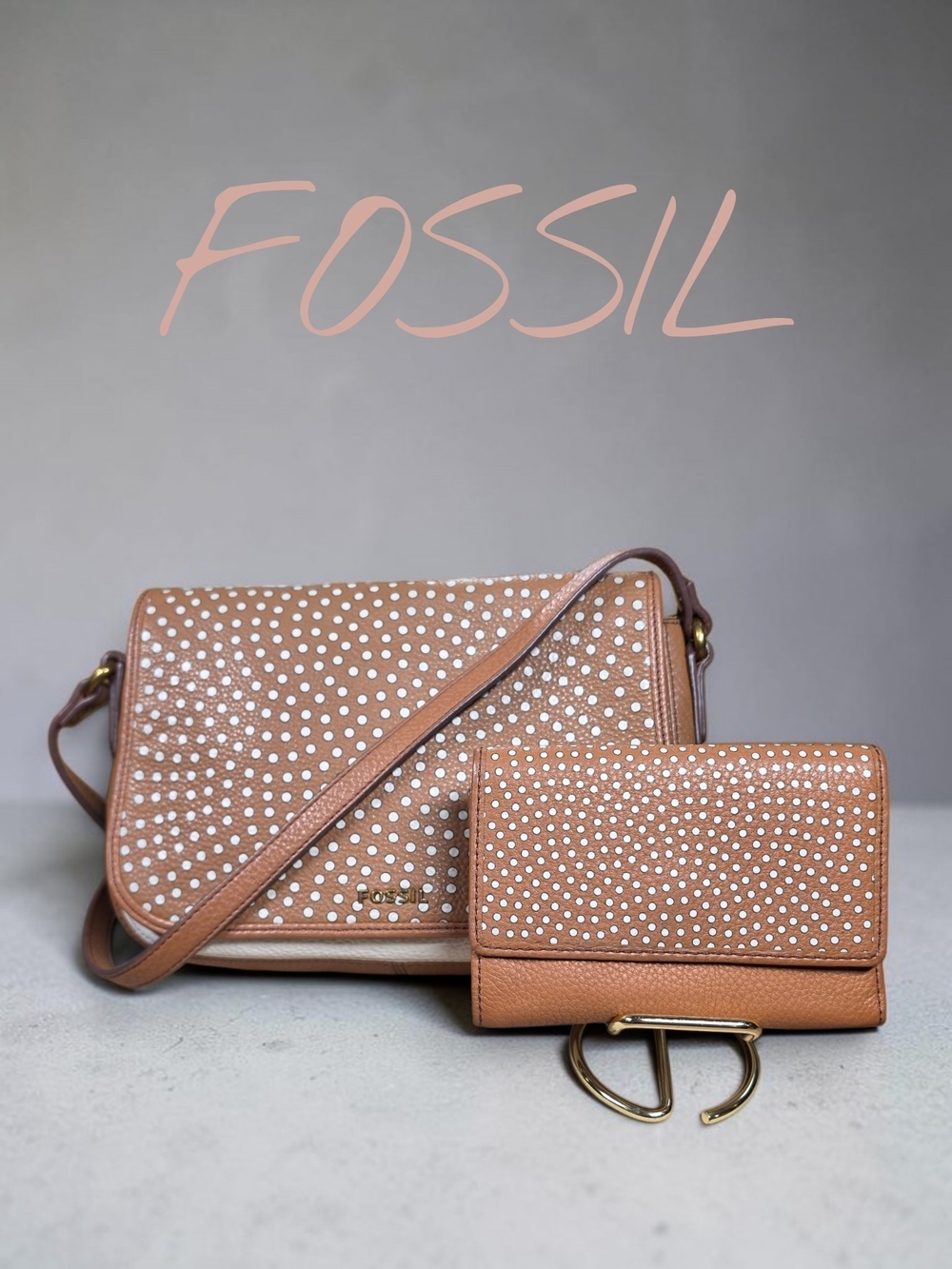 Fossil Tan Leather Polka Dot Crossbody Bag & Wallet Set (Total Retail $243)